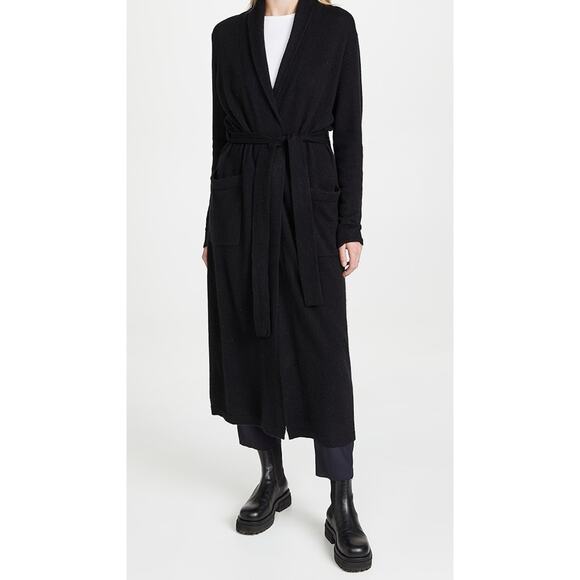 NWT White + Warren Black Cashmere Long Robe Size M Black Belted $595 #3B508 - Picture 1 of 14